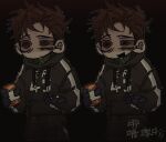  1boy :/ :d afraid_of_monsters bags_under_eyes black_gloves black_hoodie bloodshot_eyes brown_eyes brown_hair constricted_pupils cowboy_shot david_leatherhoff exhausted gloves highres holding hood hoodie ju-san messy_hair multiple_views outstretched_hand pill pill_bottle print_hoodie short_hair smile the_addiction_(afraid_of_monsters) turtleneck 