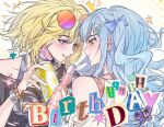  2girls absurdres bang_dream! bang_dream!_it&#039;s_mygo!!!!! black_shirt blue_bow blue_hair blush bottle bow bracelet can chinese_commentary closed_mouth clothing_cutout commentary_request ear_piercing earrings eyewear_on_head glint gradient_eyes hair_between_eyes hair_bow happy_birthday hero45439083942 highres holding holding_bottle holding_can jewelry linked_piercing long_hair misumi_uika multicolored_eyes multiple_girls open_mouth piercing purple_eyes ramune ring shirt shoulder_cutout sidelocks togawa_sakiko upper_body white_shirt yellow_eyes 
