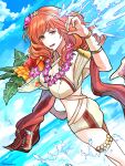  1girl ass beach bikini bracelet breasts brown_bikini celica_(fire_emblem) celica_(summer)_(fire_emblem) cleavage fire_emblem fire_emblem_echoes:_shadows_of_valentia fire_emblem_heroes flower flower_necklace food from_side fruit fruit_basket fruit_bowl hair_flower hair_ornament head_wreath highres holding holding_food holding_fruit jewelry large_breasts lei long_hair official_alternate_costume orange_eyes orange_hair red_eyes red_hair red_sash sash shidanna1227 solo swimsuit water 