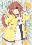  1girl :3 amari_(ama_shiiiiiiba) animal_collar animal_ears belt_collar bone_hair_ornament braid breasts brown_eyes brown_hair buttons collar dog_ears dog_girl dog_tail double-parted_bangs dress hair_ornament hairclip hand_on_own_hip highres hololive inugami_korone inugami_korone_(1st_costume) jacket large_breasts long_hair looking_at_viewer low_twin_braids low_twintails ok_sign open_clothes open_jacket red_collar short_dress sleeveless sleeveless_dress solo sunburst sunburst_background tail twin_braids twintails virtual_youtuber white_dress wristband yellow_jacket 