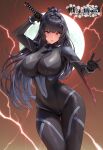  1girl absurdres artist_logo black_bodysuit black_hair bodysuit breasts closed_mouth hair_ornament highres holding holding_sword holding_weapon impossible_bodysuit impossible_clothes katana large_breasts lightning logo long_hair looking_at_viewer mole mole_under_eye ponytail red_eyes serious solo star_(symbol) star_hair_ornament sword tatakau_ni_atai_suru toyoman very_long_hair weapon yamaguchi_ryoko 