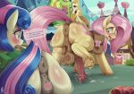 animal_genitalia animal_penis animal_vulva anus aroused balls big_balls big_butt big_penis blue_eyes blue_hair blush bodily_fluids bonbon_(mlp) butt clitoral_winking clitoris crossgender detailed_background dialogue duo equid equine equine_genitalia equine_penis equine_vulva erection eyelashes female fluttershy_(mlp) friendship_is_magic ftg_crossgender fti_crossgender genital_fluids genitals glistening glistening_body gynomorph hair hasbro hi_res hooves huge_balls huge_penis intersex looking_back mammal multicolored_hair my_little_pony open_mouth outside penis pink_hair pupils pyroxtra quadruped saggy_balls speech_bubble sweat sweaty_balls sweaty_genitalia tail tail_aside text two_tone_hair vaginal_fluids vulva