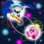 alien angry blue_body cape clothing fight galaxia_(sword) japanese_description kirby kirby:_right_back_at_ya! kirby_(series) male mask meta_knight nintendo not_furry pink_body pixiv_id_151830 waddling_head y2k_(graphic_design)