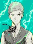  1boy aqua_background bandaid bandaid_on_face bandaid_on_forehead black_ribbon closed_mouth collared_shirt commentary_request electricity gekkoukan_high_school_uniform grey_hair greyscale_with_colored_background lightning looking_at_viewer male_focus neck_ribbon persona persona_3 ribbon sanada_akihiko school_uniform shirt short_hair solo sweater_vest tamame_7777 upper_body white_shirt 