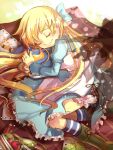  1girl alice&#039;s_adventures_in_wonderland alice_(alice_in_wonderland) apple apron basket bloom bloomers blue_bow blue_dress blue_socks book bow brown_shoes bug closed_eyes closed_mouth crayon dress food frilled_bloomers frilled_dress frills fruit grasshopper holding holding_book mao_xiaozha_(rumiechen) mole mole_under_eye outdoors paper picnic_blanket shadow shoes sleeping smile socks solo striped_clothes striped_socks two-tone_socks white_apron white_bloomers white_socks 