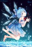  back bare_back bare_shoulders barefoot blue blue_eyes blue_hair bow cirno dress face feet hair_bow hands ice legs long_legs short_hair smile solo tidsean touhou water wings 