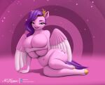  absurd_res artist_logo artist_name belly big_breasts big_butt breast_squish breasts butt clearvision clothing covering covering_breasts covering_crotch covering_own_breasts cutie_mark equid equine eyebrows eyeliner female fingernails fur gold_(metal) gold_fingernails gold_hooves gold_nails green_eyes hair half-closed_eyes hasbro headdress headdress_only headgear headgear_only headwear hi_res hooves horse huge_breasts hyper hyper_breasts leaning leaning_sideways logo looking_at_viewer makeup mammal mlp_g5 my_little_pony mythological_creature mythological_equine mythology nailpolish nails narrowed_eyes navel nude nude_anthro nude_female on_ground open_mouth pattern_background pegasus pink_body pink_fur pink_wings pipp_petals_(mlp) pony purple_eyebrows purple_hair purple_tail signature simple_background slightly_chubby smile smiling_at_viewer solo sparkles squish tail teeth text thick_thighs white_wings wings 