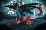 2_penises 3_toes 4_toes animal_genitalia animal_penis aquatic_dragon cave claws dialogue digital_drawing_(artwork) digital_media_(artwork) dominant dominant_male dragon duo erection feet feral feral_on_feral genitals hemipenes hi_res horn looking_at_another male male/male marine multi_genitalia multi_penis mythological_creature mythological_scalie mythology owl_light penis scalie smile speech_bubble squal_(yvaslo) submissive submissive_male tail tapering_penis toe_claws toes waterfall wings zimt_(leafstone)