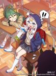  ! 3girls ahoge backpack bag blue_eyes blue_hood brown_jacket brown_vest chair chifuin_gyai classroom clenched_teeth closed_eyes copyright_notice desk dragon_musume_ni_naritakunai! duel_masters elbows_on_table fang flying_sweatdrops from_above green_hair green_jacket grey_hair hair_ornament hairpin head_on_hand high_ponytail holding holding_milk_carton hood hooded_jacket indoors jacket keyring kumada_suzu long_hair long_sleeves looking_at_viewer looking_up milk_carton multiple_girls murakami_hisashi necktie official_art on_chair on_desk open_clothes open_jacket open_mouth plaid_clothes plaid_skirt ponytail randoseru red_necktie school_chair school_desk shirt shoes sidelocks silhouette sitting skirt sleeves_past_wrists smile socks spilled_milk spoken_exclamation_mark stain teeth thighhighs uwabaki vest white_hair white_shirt white_socks white_thighhighs yellow_jacket yellow_vest 