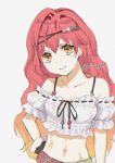  1girl artist_name atelier_(series) atelier_ayesha closed_mouth collarbone commentary_request cropped_shirt frilled_shirt frills gradient_hair hand_on_own_hip kona_(atrkona) long_hair looking_at_viewer midriff multicolored_hair navel off-shoulder_shirt off_shoulder orange_hair red_hair regina_kurtis shirt short_sleeves simple_background smile solo twitter_username two-tone_hair white_background white_shirt yellow_eyes 