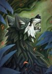 canid canine canis detailed detailed_background detailed_fur digital_media_(artwork) digital_painting_(artwork) fangs feral fur glistening glistening_nose inner_ear_fluff looking_back male mammal multicolored_body multicolored_fur open_mouth painting_(artwork) plant raironu rear_view signature solo teeth tuft watermark wolf