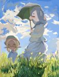  2girls blonde_hair blue_hair blue_sky cephalopod_eyes closed_mouth collared_shirt colored_eyelashes commentary_request fine_art_parody frye_(splatoon) hair_over_one_eye highres holding holding_umbrella inkling long_hair looking_at_viewer multiple_girls octoling on_grass open_mouth outdoors parody pointy_ears red_eyes shirt shiver_(splatoon) short_eyebrows sky splatoon_(series) splatoon_3 standing tentacle_hair thick_eyebrows umbrella woman_with_a_parasol yellow_eyes yuyumo296809 