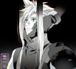  2boys armor black_gloves cloud_strife dark_persona final_fantasy final_fantasy_vii gloves green_eyes hands_on_another's_face long_hair male_focus multiple_boys parted_lips pauldrons possessed scared sephiroth short_hair shoulder_armor single_pauldron sleeveless sleeveless_turtleneck slit_pupils spiked_hair standing sweat turtleneck watermark wide-eyed yaoi yunyunonigiri 