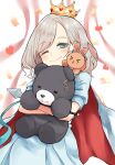  &gt;_&lt; 1girl ;) =_= absurdres animalization blue_dress blue_eyes blush cape ceras_yanagida_lilienfeld closed_eyes closed_mouth commentary crown dress gold_crown grey_hair hair_ornament hasu_no_sora_school_uniform heart heart_crown highres hinoshita_kaho holding holding_polearm holding_weapon hugging_doll hugging_object katsuragi_izumi link!_like!_love_live! looking_at_viewer love_live! mendo_(mend0o0_) one_eye_closed open_mouth polearm puffy_short_sleeves puffy_sleeves rabbit rabbit_hair_ornament rabbit_on_shoulder red_cape school_uniform short_sleeves smile spear split_mouth stuffed_animal stuffed_toy summer_uniform teddy_bear triangle_hair_ornament two-sided_cape two-sided_fabric virtual_youtuber weapon white_cape 