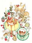  1girl absurdres ahoge animal_ear_fluff animal_ears apron artist_name bow brown_dress brown_scrunchie brown_shoes candle candlestand cat cat_ears cat_girl cat_tail checkered_blanket chef_hat cherry commentary cup dress english_commentary eudetenis film_grain fire food frilled_apron frilled_dress frills from_above fruit full_body hair_bow hat highres holding holding_spoon mary_janes medium_hair open_mouth orange_eyes orange_hair original oversized_object oversized_spoon pantyhose paper paw_print pitcher_(container) plant plate potted_plant print_apron red_bow scrunchie shoes short_sleeves simple_background smile solo spoon standing syrup tail teacup two_side_up white_background white_pantyhose wrist_scrunchie 