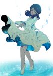  1girl bindi black_hair closed_eyes commentary_request dark-skinned_female dark_skin double_bun dress eyelashes facial_mark forehead_mark green_dress gundam hair_bun highres lalah_sune long_hair marueri mobile_suit_gundam open_mouth ripples slippers smile solo standing white_background 