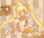  bad_id bad_pixiv_id bike_shorts blonde_hair boots bow brown_background brown_eyes cure_sunshine heart heartcatch_precure! knee_boots long_hair magical_girl midriff myoudouin_itsuki orange_skirt precure shorts shorts_under_skirt shuu_(shu-nm) skirt solo striped twintails vertical_stripes wrist_cuffs yellow yellow_bow 