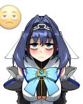  1girl bags_under_eyes black_hair black_sleeves blue_eyes blue_gemstone blue_ribbon breasts chain chain_headband closed_mouth clothing_cutout commentary ddolbang detached_sleeves emoji frown gem heart-shaped_gem highres hololive hololive_english large_breasts looking_at_viewer medium_hair ouro_kronii ouro_kronii_(1st_costume) reference_inset ribbon shirt solo transparent_background underboob_cutout veil virtual_youtuber white_shirt 
