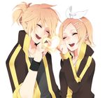  1girl bad_id bad_pixiv_id blonde_hair brother_and_sister casual closed_eyes earrings hair_ornament hair_ribbon hairclip heart jacket jewelry kagamine_len kagamine_rin nail_polish necklace open_mouth ponytail ribbon ring short_hair siblings smile takesouko track_jacket twins vocaloid wristband yellow_nails 