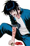  1boy absurdres black_eyes black_hair bleeding blood blood_on_ground boxcutter cuts gakuran guro highres injury looking_at_viewer male_focus open_mouth randal&#039;s_friends school_uniform self-harm shirt short_hair simple_background sitting solo tsukada_satoru uri_ka55 white_background white_shirt 