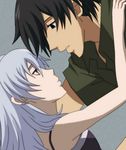  1girl black_hair couple darker_than_black eye_contact frown hei hetero looking_at_another silver_hair yin 