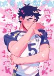 2boys akaashi_keiji black_hair blue_eyes blush bokuto_koutarou bombyoon chibi closed_mouth fukurodani_volleyball_uniform haikyuu!! highres implied_yaoi looking_at_viewer male_focus multicolored_hair multiple_boys shirt short_hair solo_focus sportswear streaked_hair translation_request two-tone_hair upper_body volleyball_uniform white_hair 