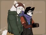 absurd_res anthro beanie belt black_body black_eyes black_fur blush bodily_fluids box bracelet brown_nose canid canine canis cerberussenn claws clothing container dialogue domestic_dog duo ear_flick eye_markings fluffy freckles fur green_clothing green_hoodie green_topwear hat headgear headwear hi_res holding_container holding_object hoodie jewelry kerchief khaki_pants long_sleeves lucky_sweeto_(cerberussenn) male male/male mammal markings mocha_hawkes_(cerberussenn) mole_(marking) neckerchief necktie neckwear nordic_sled_dog one_ear_up overalls pie_cut_eyes raglan_shirt romantic romantic_ambiance samoyed shy signature smile spitz sweat tail tail_motion tailwag teal_eyes thought_bubble topwear werecanid werecanine werecreature weredog white_body white_fur wolf