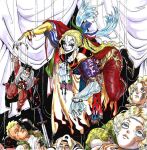  1boy ascot asymmetrical_clothes black_boots black_nails blonde_hair boots bracelet cape character_doll crescent crescent_earrings curtains doll doll_joints earrings emperor_gestahl evil_grin evil_smile final_fantasy final_fantasy_vi fingernails grin hanging haru302x jester jewelry joints kefka_palazzo leo_cristophe long_hair long_sleeves looking_at_viewer makeup male_focus marionette marker_(medium) multiple_bracelets multiple_rings neck_ruff pen_(medium) ponytail puppet puppet_strings red_cape ring sharp_fingernails slit_pupils smile stage_curtains string sword thumb_ring traditional_media two-tone_cape weapon white_ascot white_facepaint wings yellow_cape 