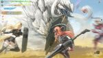  1boy 3girls allen.n animal_ears arknights arkveld attack bagpipe_(arknights) battle black_dress black_gloves black_horns black_thighhighs blocking blonde_hair blurry boss_fight clash commentary_request crossover day dress facing_away gameplay_mechanics gloves gunlance heads-up_display health_bar highres holding holding_shield holding_weapon horn_(arknights) horns jumping kirin_r_yato_(arknights) long_hair long_sleeves miniskirt monster monster_hunter_(series) monster_hunter_wilds motion_blur multiple_girls noir_corne_(arknights) orange_hair outdoors pleated_skirt rathalos_s_noir_corne_(arknights) red_skirt running shield size_difference skirt spinning squatting tail teeth thighhighs translation_request user_interface weapon yato_(arknights) yellow_tail 