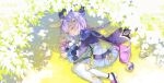 1girl bird blue_dress closed_eyes commentary day dress foot_out_of_frame genshin_impact harutatsunoki hat highres jiangshi long_hair long_sleeves lying ofuda ofuda_on_head on_grass on_side outdoors parted_lips purple_hair purple_hat qiqi_(genshin_impact) solo thighhighs very_long_hair white_thighhighs yin_yang 