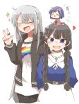  3girls :d black_hair black_jacket black_pants blue_shirt blush_stickers braid brown_kimono chibi grey_hair hair_ornament hair_over_shoulder hairclip hand_up higuchi_kaede higuchi_kaede_(2nd_costume) jacket japanese_clothes kimono long_hair long_sleeves low_twintails mini_person minigirl multiple_girls nijisanji obi on_head open_clothes open_jacket pants puffy_long_sleeves puffy_sleeves purple_eyes purple_hair rebecca_(keinelove) sash shirt shizuka_rin shizuka_rin_(2nd_costume) simple_background skirt smile sparkle translation_request tsukino_mito tsukino_mito_(street_casual) twin_braids twintails v very_long_hair virtual_youtuber white_background white_shirt white_skirt 