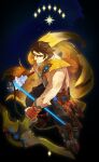  1boy abs absurdres arm_at_side armored_boots armored_gloves artemis_(fate) bara bare_pectorals belt belt_pouch big_nose black_pants blue_background boots bow_(weapon) brown_hair cape club_(weapon) fate/grand_order fate_(series) fingerless_gloves fui_(fui29493452) full_body fur-trimmed_gloves fur_boots fur_trim gloves glowing highres holding holding_bow_(weapon) holding_club holding_weapon large_pectorals legs_apart light_particles looking_at_viewer male_focus medium_hair muscular muscular_male open_mouth pants pectorals pelt pouch sash sheath sheathed shoulder_sash smile solo sparkle spiked_club star_(symbol) super_orion_(fate) sword teeth thick_eyebrows topless_male veins weapon yellow_cape 