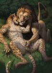 2025 animal_genitalia anthro athletic athletic_anthro athletic_male balls biceps clawing_at_ground detailed detailed_background detailed_fur duo eyes_closed felid fur genitals grass hand_on_balls hand_on_sheath hi_res hibbary inner_ear_fluff kneeling leopard light lighting lion looking_at_another looking_at_partner lying male male/male mammal mane muscular muscular_anthro muscular_male nuzzling on_back on_grass pantherine pawpads paws pecs plant sheath spots spread_legs spreading tail tail_tuft tan_body tan_fur tree tuft whisker_spots whiskers white_body white_fur yellow_eyes