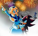  1girl 2boys aerial_fireworks blonde_hair blue_eyes fireworks furry furry_male gloves highres looking_at_another maria_robotnik mixed-language_text multiple_boys neimsteps red_eyes shadow_the_hedgehog signature sonic_(series) sonic_the_hedgehog white_gloves 