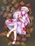  :o blush book capelet crescent fallen_down full_body hat hexagram kisaragi_miyu long_hair looking_up lying on_back open_book patchouli_knowledge purple_eyes purple_hair solo surprised touhou 