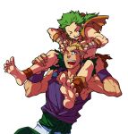  2boys :d anklet bandaged_wrist bandages blonde_hair blue_eyes capelet carrying child closed_eyes earrings final_fantasy final_fantasy_vi gau green_sash green_shorts hand_in_another&#039;s_hair itkz_(silentknight) jewelry long_hair male_focus multiple_boys ponytail purple_tank_top purple_wrist_cuffs sabin_rene_figaro sash shorts shoulder_carry smile tank_top topless_male waist_sash wrist_cuffs 