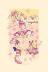  1girl :d artist_name bow brown_hair cosplay_pikachu full_body hair_bow heart high_heels highres leg_up looking_at_viewer may_(contest)_(pokemon) may_(pokemon) midriff miyaulait open_mouth outstretched_arms pikachu pikachu_pop_star pink_bow pink_shoes pokemon pokemon_(creature) pokemon_oras shoes short_hair shorts shorts_under_skirt showgirl_skirt smile standing standing_on_one_leg 