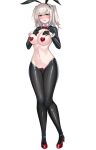  1girl amahara_kuon animal_ears black_gloves blush bow bowtie breasts brown_eyes cleavage covered_nipples embarrassed fake_animal_ears full_body gloves grey_hair heart_maebari heart_pasties high_heels highres kutan large_breasts latex latex_legwear long_hair looking_at_viewer maebari navel open_mouth original pasties playboy_bunny rabbit_ears red_bow red_bowtie revealing_clothes reverse_bunnysuit reverse_outfit shrug_(clothing) simple_background solo standing stomach twintails two_side_up variant_set white_background wrist_cuffs yellow_eyes 