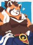  1boy artist_name bara belly blush closed_mouth commentary_request fang fang_out fat furry furry_male highres kajika_(ka_ji_ka) looking_at_viewer male_focus navel nipples pawpads pectorals red_panda_boy red_panda_ears red_panda_tail smile suruga_(tamacolle) sweat tamacolle tongue tongue_out topless_male towel towel_around_neck whiskers 