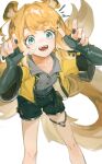  1girl absurdres animal_ear_fluff animal_ears blonde_hair bow gloves green_eyes highres jacket ju_fufu long_hair looking_at_viewer multicolored_hair open_mouth orange_fur r94_(aikwryosuke) solo striped_fur striped_hair tail tail_bow tail_ornament tiger_ears tiger_girl tiger_stripes tiger_tail yellow_jacket zenless_zone_zero 
