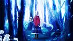  amemura_(caramelo) flower forest hairband hatsune_miku lantern long_hair nature poncho rose solo tree twintails very_long_hair vocaloid white_flower white_rose 