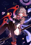  1girl absurdres asymmetrical_wings black_dress black_hair black_thighhighs blue_wings blush bow bowtie breasts chinese_commentary colored_inner_hair commentary_request convenient_leg dress foot_out_of_frame footwear_bow hair_between_eyes highres holding holding_polearm holding_weapon houjuu_nue looking_at_viewer mary_janes medium_breasts multicolored_hair nue_day open_mouth pointy_ears polearm purple_background red_bow red_bowtie red_eyes red_hair red_shoes red_wings shen_bi_ren_(user_rjgy2824) shoes short_dress short_hair short_sleeves sky smile solo star_(sky) starry_sky thighhighs tomoe_(symbol) touhou trident ufo weapon wings wristband 