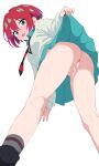  1girl absurdres amate_yuzuriha ass censored_with_cum clothes_lift commentary_request cum cum_in_pussy gundam gundam_gquuuuuux highres kneepits lifting_own_clothes looking_at_viewer no_panties pussy red_hair school_uniform short_hair skirt skirt_lift solo thighs watti3600 white_background 