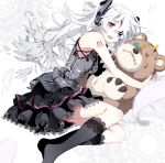  1girl bare_shoulders black_dress black_socks boxcutter breasts commentary_request dress eyepatch frilled_socks frills full_body funamushi_nomore gothic_lolita hatsune_miku headphones highres hugging_object kneehighs lace-trimmed_dress lace-trimmed_legwear lace_trim large_teddy_bear lolita_fashion long_hair looking_at_viewer lying medium_breasts no_shoes number_tattoo on_side one_eye_covered open_mouth red_eyes shoulder_tattoo sleeveless sleeveless_dress socks solo stitches stuffed_animal stuffed_toy tattoo teddy_bear teeth twintails upper_teeth_only very_long_hair vocaloid white_hair 