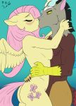 blush breast_squish breasts brown_body brown_fur discord_(mlp) dragon duo equid equine female fluttershy_(mlp) friendship_is_magic fur hair hasbro hi_res horn horse kiss_on_lips kissing lonelywolfy male male/female mammal my_little_pony mythological_creature mythological_equine mythological_scalie mythology nipples pegasus pink_hair pony scalie side_view squish waist_grab wings yellow_body yellow_fur
