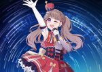  1girl ;d armpits brown_hair commentary cowboy_shot dress elbow_gloves english_commentary frilled_gloves frills fujishima_megumi gloves hat hisaka holding holding_microphone key_of_like! link!_like!_love_live! long_hair love_live! microphone mini_hat mini_shako_cap official_alternate_costume official_alternate_hairstyle one_eye_closed open_hand open_mouth purple_eyes red_dress red_hat shako_cap short_dress sky sleeveless sleeveless_dress smile solo star_(sky) star_trail starry_sky teeth twintails upper_teeth_only virtual_youtuber white_gloves 