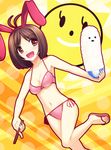  :d animal_ears bad_id bad_pixiv_id bikini bowl breasts brown_eyes brown_hair bunny_ears chopsticks cleavage hidaka_ai idolmaster idolmaster_dearly_stars medium_breasts navel open_mouth rice rice_bowl sandals side-tie_bikini smile solo swimsuit totokichi 