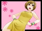  apron blush brown_eyes brown_hair naked_apron persona persona_4 satonaka_chie shimizu_kokeshi short_hair solo sweat 