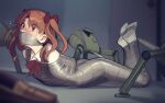  1girl artist_name blurry bound bow bowtie brown_eyes brown_hair brown_shoes brown_sweater_vest cad_(caddo) character_request commentary copyright_request duct_tape gag hair_bow improvised_gag loafers long_hair lying on_stomach red_bow red_bowtie robot school_uniform shirai_kuroko shirt shoes solo sweater_vest tape tape_bondage toaru_kagaku_no_railgun toaru_majutsu_no_index tokiwadai_school_uniform twintails unworn_shoe white_shirt 