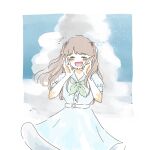  1girl blue_dress brown_hair cloud commentary_request cumulonimbus_cloud dress facing_viewer fujishima_megumi green_neckerchief hands_up hasu_no_sora_school_uniform highres link!_like!_love_live! long_hair love_live! medium_dress neckerchief puffy_short_sleeves puffy_sleeves sailor_collar sailor_dress school_uniform short_sleeves shouting_with_hands solo straight-on summer_uniform tumiki_(tu_mi) virtual_youtuber white_sailor_collar 
